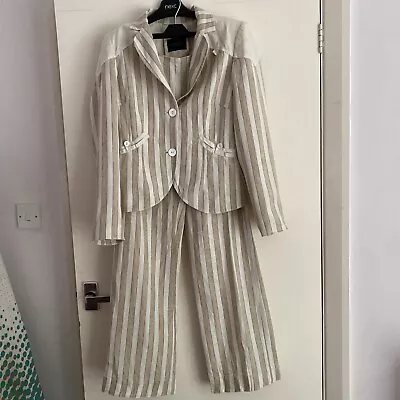 Esencial Collection Linen Suit Brown & Cream Striped Sz 10 Eu38 Wedding Party • £10.99