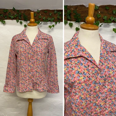 PRETTY VINTAGE PINK FLORAL BLOUSE SIZE 12 90s Does 70s BIG COLLAR SHIRT (vc48) • £18
