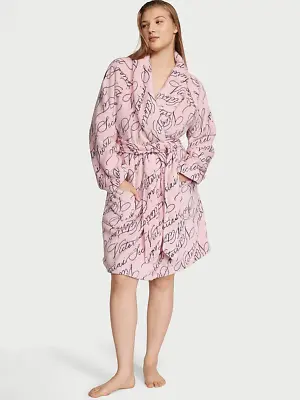 Victoria’s Secret Short Cozy Plush Bath Robe Pink Script M/l Brand New • $49.95