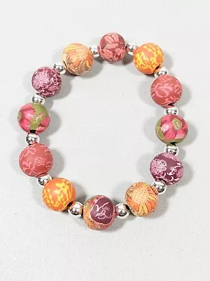 Viva Beads Orange Pink Green Flower Round Clay Bead Stretch Bracelet 7 Inch • $9.09