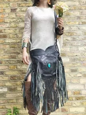£299.90 • Buy Black LEATHER TASSEL BAG Fringe Native American Boho Western Hippie Vintage 70s