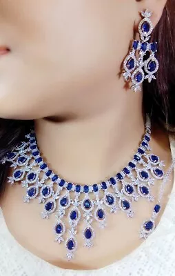 Indian Bollywood Silver Plated  AD CZ Choker Necklace Wedding Bridal Jewelry Set • $31.67