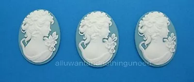 3 White On Baby BLUE Lovely LADY With FLOWERS 40mm X 30mm Costume Jewelry CAMEOS • $3.59