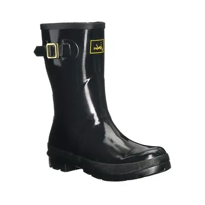 Joules Kelly Welly Rain Boot Gloss Black Gold Stripe Buckle Size 7 US NEW NIB • $40