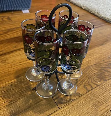 Vintage Libbey Glasses Tiffany Foliage Wine Stemware Cocktail Set Of 6 W/stand • $20