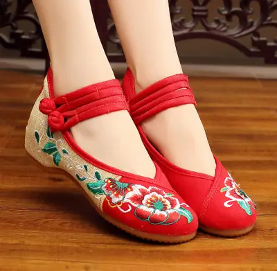 £21.59 • Buy Women Embroidered Chinese Shoes Floral Hidden Wedge Heel Retro Pumps Round Toe