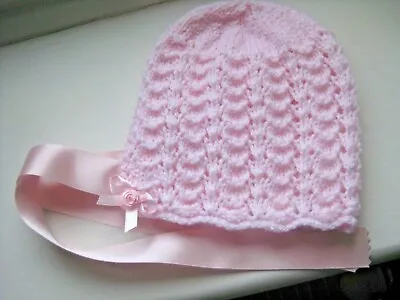 Lovely Hand Knitted Baby Bonnet In Pink Size 0-3 Months (6) • £4.50