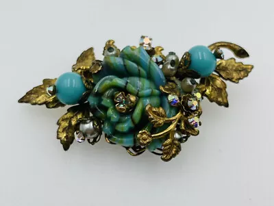 Miriam Haskell Unsigned Gold Plated Blue Glass Flower Rhinestone Pin • $250