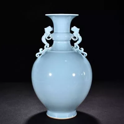 13.6  Antique Dynasty Porcelain Qianlong Mark Blue Glaze Double Dragon Ear Vase • $293.25