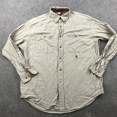 Vintage Tommy Hilfiger Shirt Mens Medium Beige Striped Long Sleeve Flip Cuff • $18.98