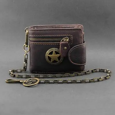 Star Genuine Leather Zipper Card Money Men's Wallet With Chain • $21