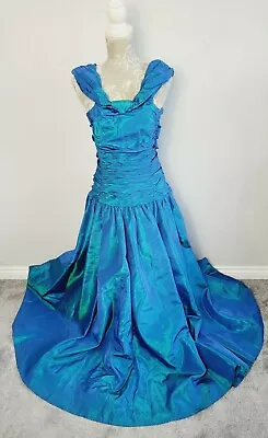 Vintage Laura Ashley Dress Size 12 80s Ball Gown Corset Petrol Blue Satin • £49.99