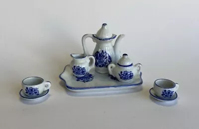 Miniature Porcelain Tea Set Blue And White Floral Andrea By Sadek Doll House • $15