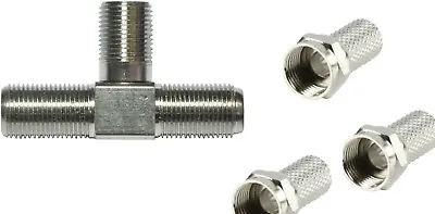 T Piece 2 Way Splitter + 3 F Plug Connectors For Splitting Coax Aerial • £2.58