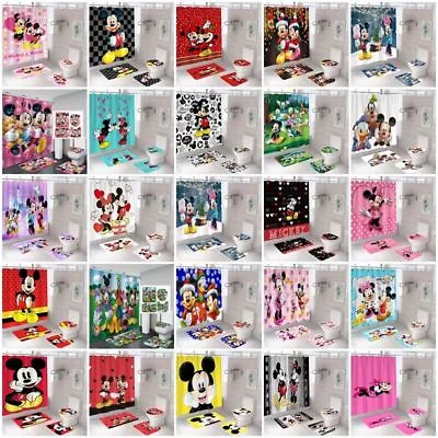 Mickey Mouse & Minnie Mouse Waterproof Shower Curtain Bath Toilet Cover Mat Rug • £17.99