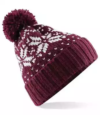 Beechfield Hat Cap Beanie Bobble Woolly Fair Isle Snowstar Warm Winter Unisex • £5.95