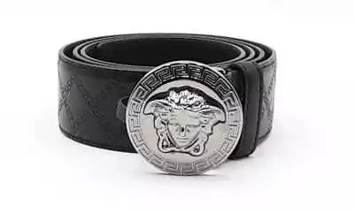Versace Black Embossed Leather Belt With Silver Tone La Medusa Buckle Eblxzdu 14 • $275