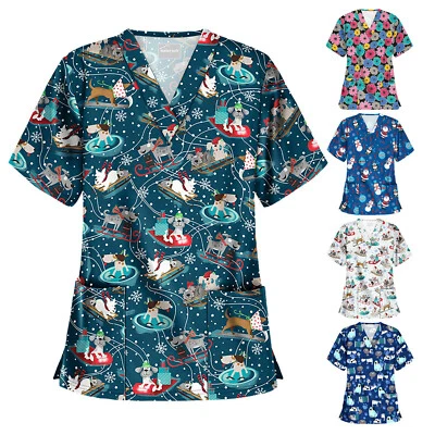 $16.46 • Buy Women Fashion Nursing Scrub Tops Blouse Medical Uniform Christmas Printed Shirt