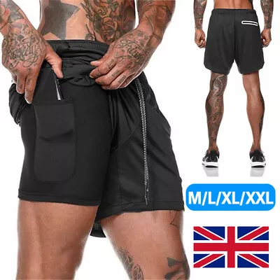 Mens Sports Running Shorts Gym Training Fitness Bottoms Double Layer With Pocket • £7.39