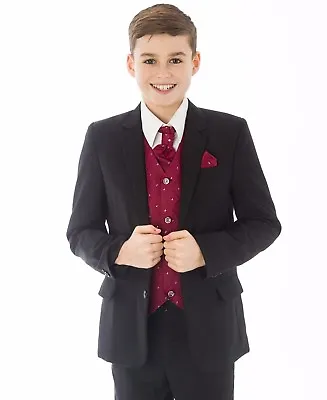 Boys Black Suit 5 Piece Wedding Page Boy Baby Formal Party Smart Black/Wine • £28.99