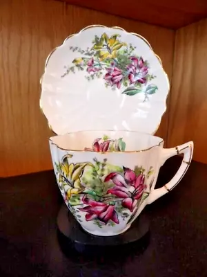 Victoria C & E Gold Trim Pink & Yellow Floral Bouque Fluted Tea Cup & Saucer Set • $10.49