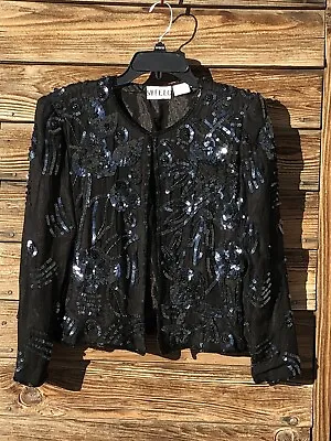 Vintage 80s SweeLo Black Silk Flower Beaded Sequin Cocktail Short Jacket Size L • $27.98