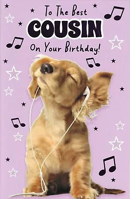 Cousin Female Birthday Greeting Card 8 X5  Cute Dog With Headphones • £2.29