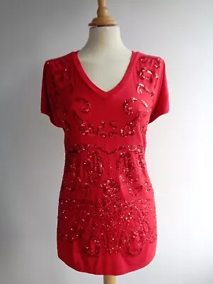 HEATHER VALLEY Red Sequined T Shirt Top Size 16 • $6.30