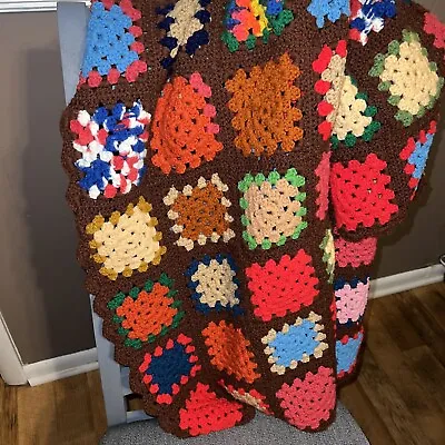 Vintage Granny Square Handmade Brown Colorful Afghan Crochet Throw Blanket 60x40 • $22.99