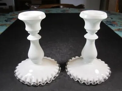 Vintage Fenton White Milk Glass Silver Crest Candlesticks Candle Holder Set 2 • $39.99