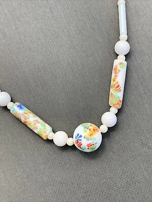 Vintage 1950s Milk Glass Micro Millefiori  Accent Beads Necklace 15” • $26.50