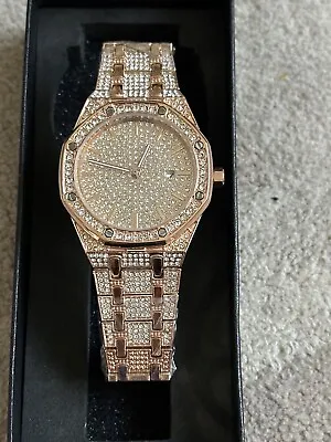 Mens Luxury Bling Rose Gold Diamond Crystals Designer Iced Watch • £29.99