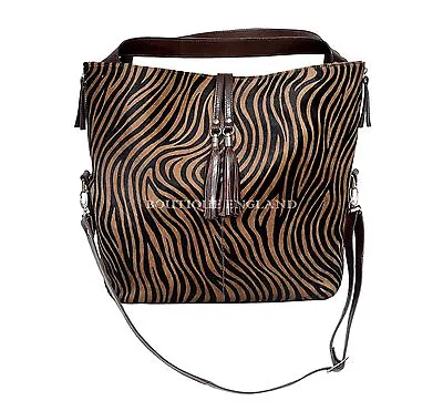 New Luxury Ladies Brown Real Cow Fur Zebra Print Leather Shoulder Strap Handbag • £174.99