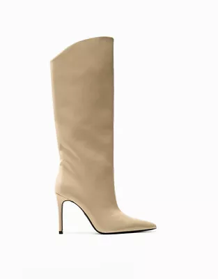 $51.86 • Buy Zara Knee-high Heeled Boots Beige Pointed Wide Leg Ss23 All Sizes Ref. 1001/010