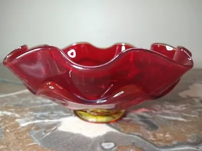 Viking Epic Art Glass Amberina Persimmon Ruby Red DOUBLE RUFFLE Dish Bowl 8” • $34.95