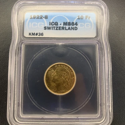 $279.87 • Buy ￼Switzerland 1922 B Gold 10 Ten Francs Helvetia MS 64 ICG MS64 KM# 36