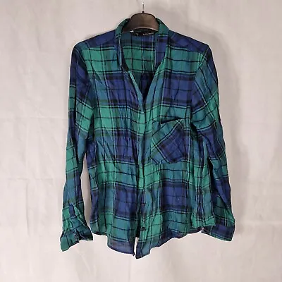 Ladies Top Size S 8 10 ZARA Blue Green Check Plaid Flannel Shirt Blouse Casual  • £13.99