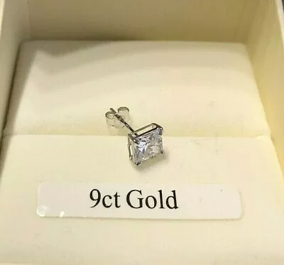 SOLID 9ct WHITE GOLD MEN'S SINGLE 5mm SQUARE 0.71ct DIAMOND-UNIQUE STUD EARRING • £32.99