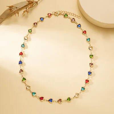 Vintage Rainbow Rhinestone Heart Choker Necklace Boho Style Color Clavicle Ch-wq • £4.80