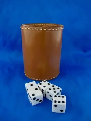 Vintage Light Brown Small Leather Dice Cup W/ 5 Dice • $17.95