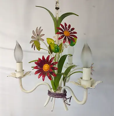 EXC ~ Vintage ITALIAN TOLE Florentine Mid Century Hanging Floral Chandelier Lamp • $145