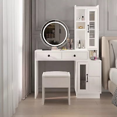 Makeup Vanity Table Set With LED Mirror Dressing Table W/ Cabinet +Power Station • $219.99