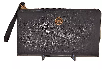 MICHAEL | Michael Kors MK Fulton Leather Zip Clutch Wristlet Wallet Black Gold • $35.70