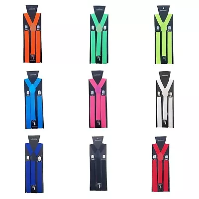 Plain Coloured Neon Adjustable Trouser Suspender Braces Unisex Elastic Y-Back • £3.49