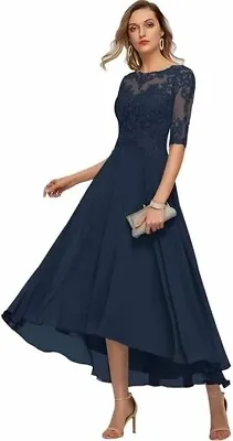 Mother Of The Bride Dress 14 Blue 1/2 Sleeve High Low Chiffon MISSING STRING • $22.49