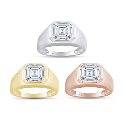 Mens Bezel-Set Signet Engagement Ring In Sterling Silver Asscher Cut Moissanite • $235.10