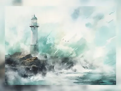 £4.99 • Buy Lighthouse In Stormy Sea Watercolor Painting Print Art 5 X7 