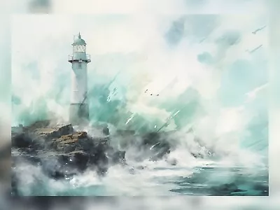 £4.99 • Buy Lighthouse In Stormy Sea Watercolor Painting Print Art 5 X7 