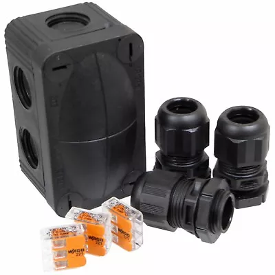 Wiska 206 Black Outdoor IP66 Junction Box With ESKV Glands And Wago 221-413 • £12.95