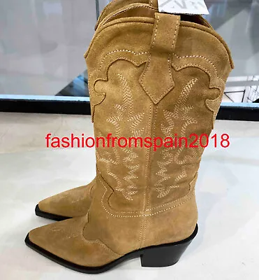 $159.99 • Buy Zara New Woman Split Suede Cowboy Boots Mid-calf Brown 35-42 2003/210